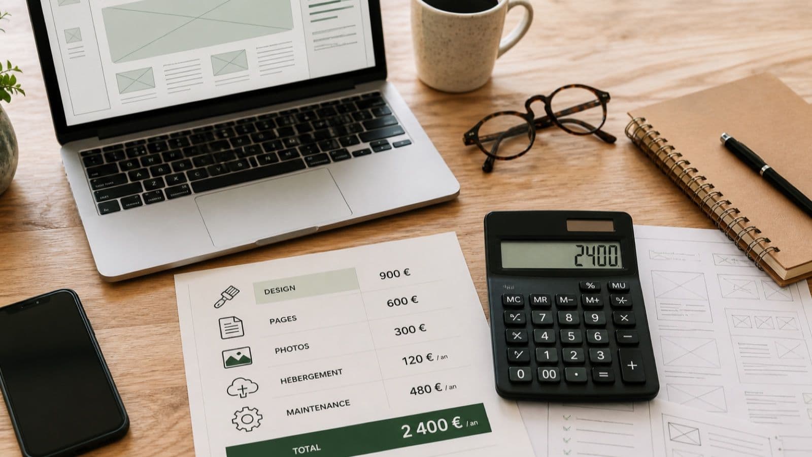 Budget détaillé d’un site internet avec design, pages, photos, hébergement et maintenance