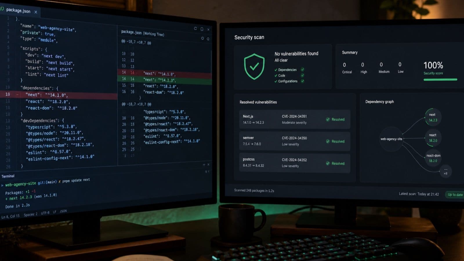 Mise à jour de dépendances Next.js et tableau de sécurité confirmant les vulnérabilités corrigées
