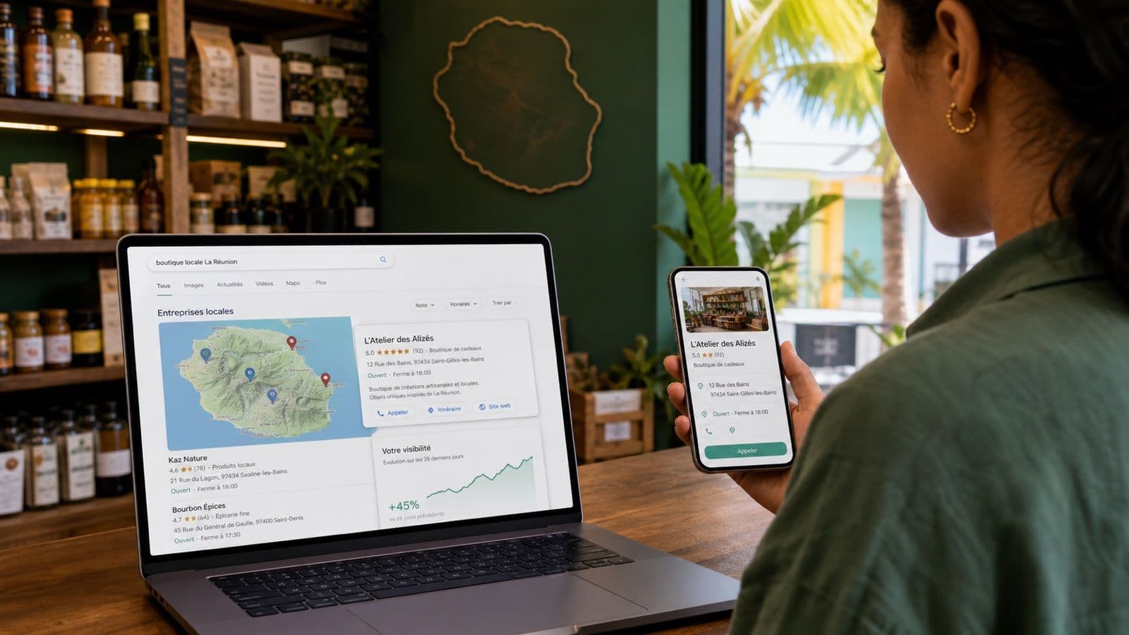 Commerce réunionnais visible dans des résultats de recherche locale sur ordinateur et smartphone