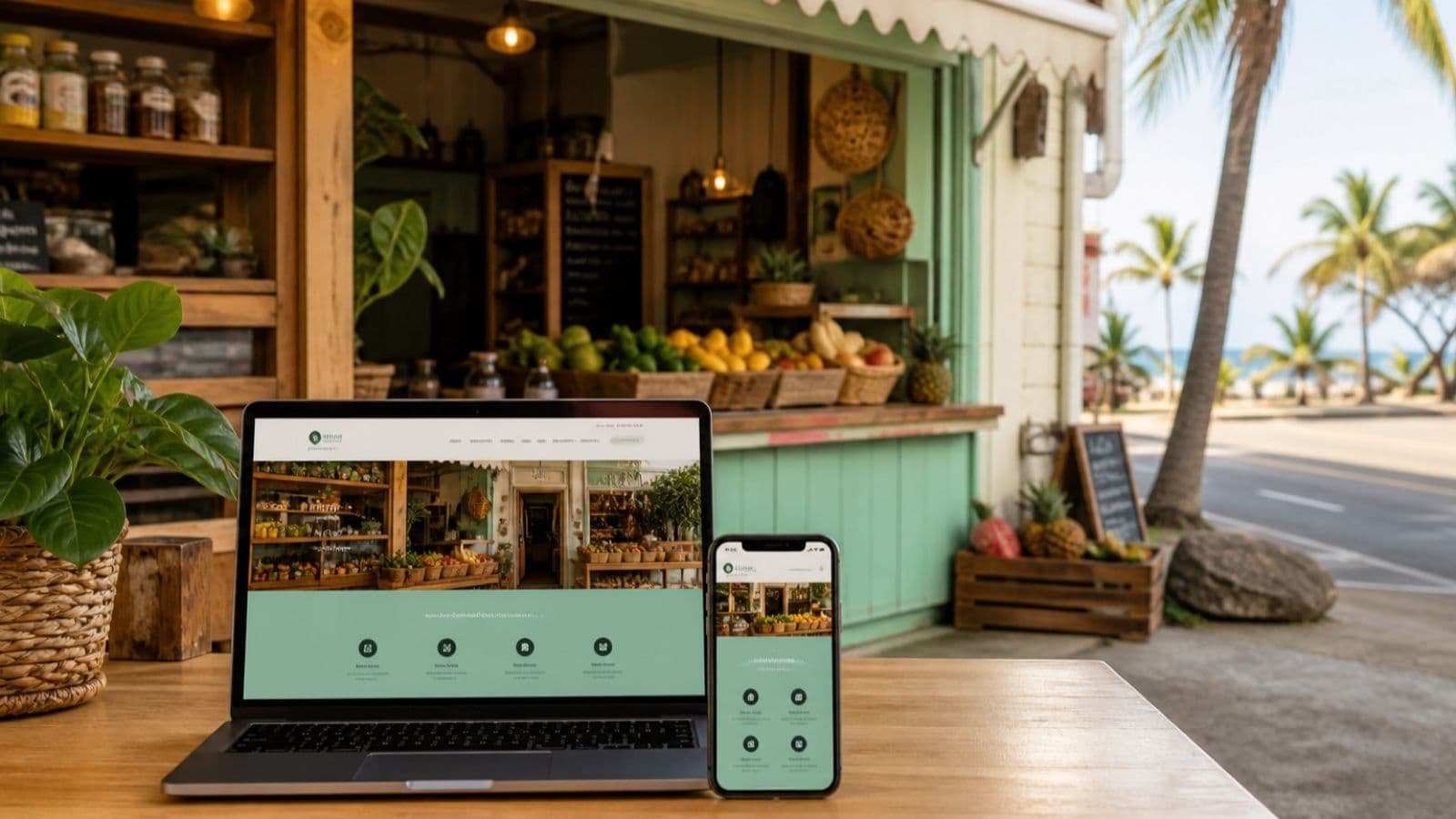 Site d’un commerce réunionnais affiché sur ordinateur et smartphone devant sa boutique physique