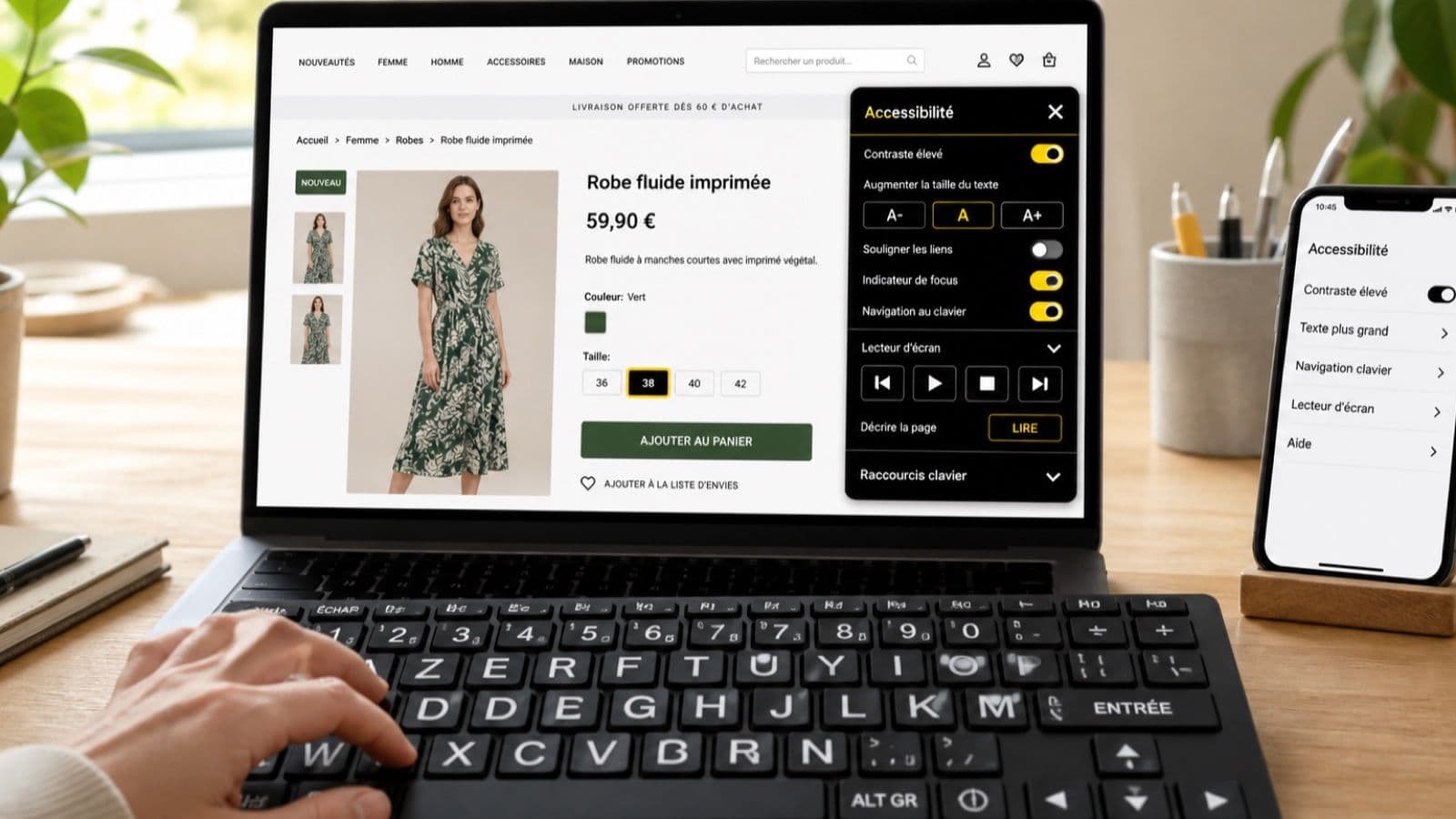 Site e-commerce avec contraste élevé, texte agrandi, navigation au clavier et lecteur d’écran