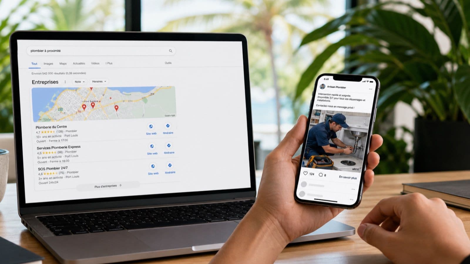 Résultats Google locaux sur ordinateur et publication professionnelle sur un réseau social mobile