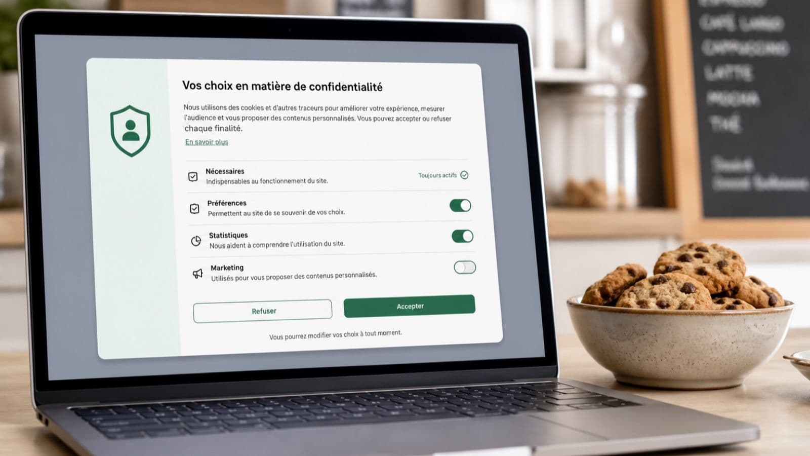 Panneau de consentement aux cookies avec catégories, boutons accepter et refuser et réglages de confidentialité