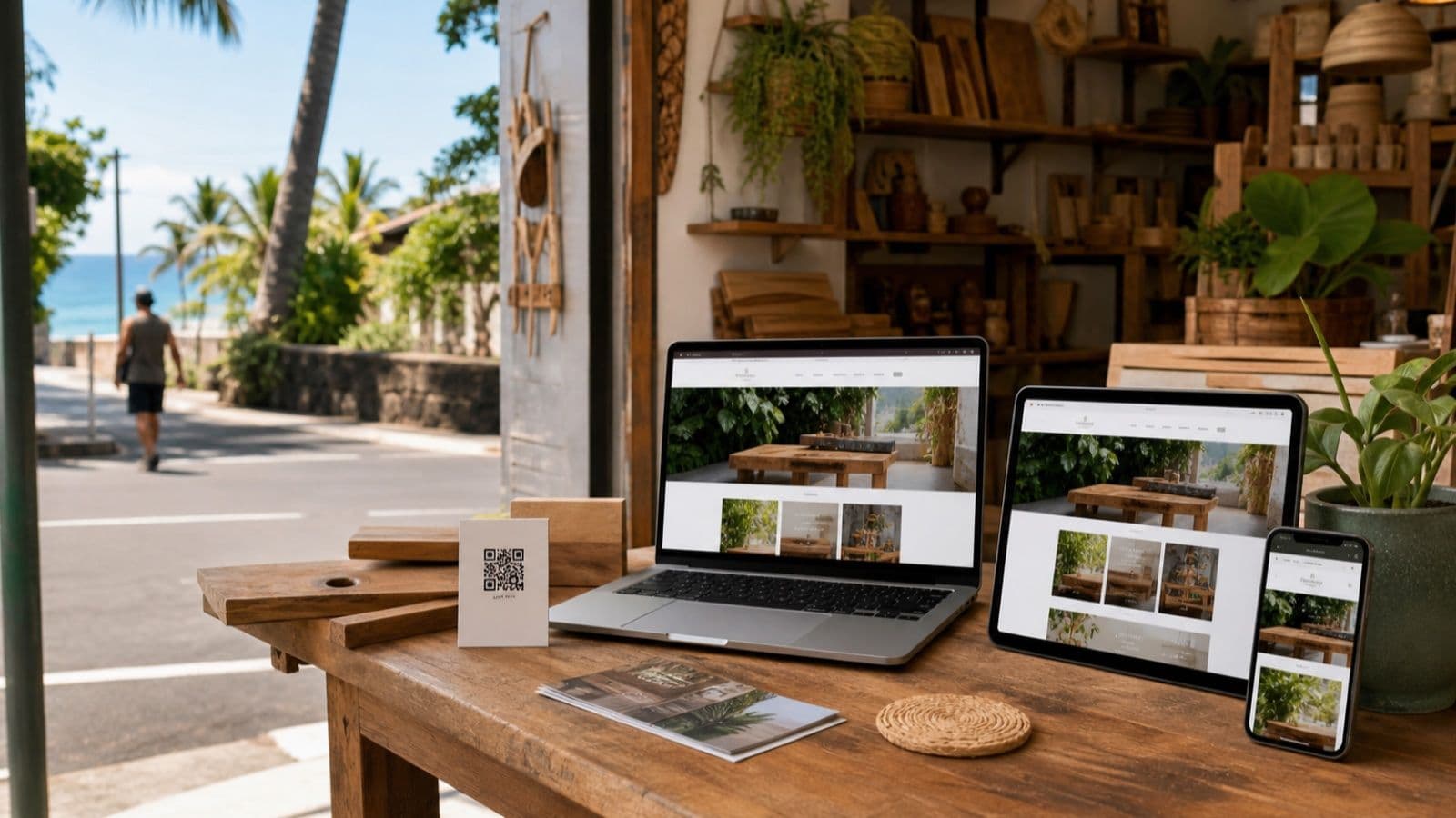 Site d’un artisan réunionnais présenté sur ordinateur, tablette et smartphone dans sa boutique